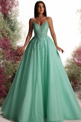Chic Green V-Neck A-Line Spaghetti Strap Sleeveless Ball Gown 3D Flowers Tulle Prom Dresses